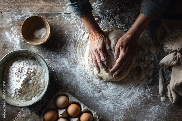 Fototapeta Hands meticulously kneading dough on a wooden countertop sprinkled generously with flour.