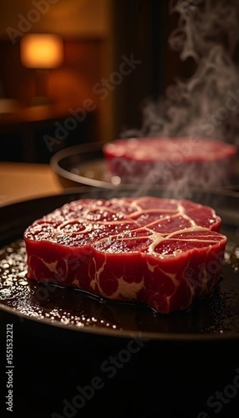 Fototapeta Close-up of Sizzling Steak on a Hot Pan