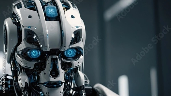 Obraz Close-up of a Futuristic Robotic Humanoid Head with Glowing Blue Eyes