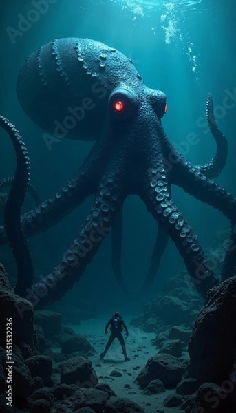 Fototapeta Diver Encounters Giant Octopus in Deep Ocean