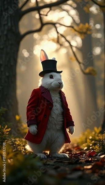 Fototapeta White Rabbit in Red Coat and Top Hat in Autumn Forest
