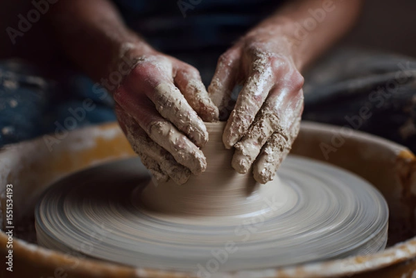 Fototapeta Delicate hands guiding and shaping wet clay on a potter’s wheel, bringing art to life through pottery.