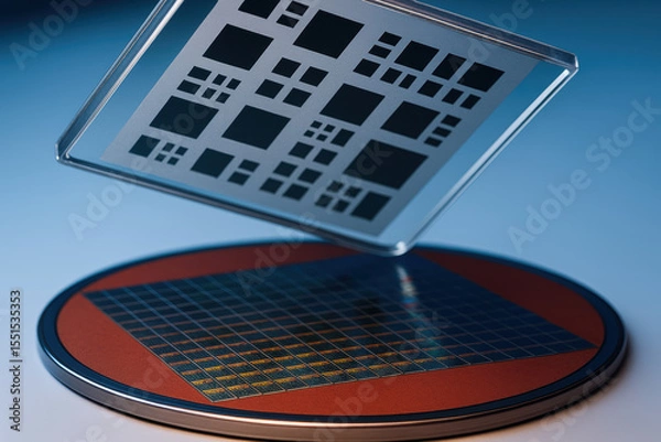 Fototapeta Semiconductor wafer and photomask used in industry for production of microchips and integrated circuits in clean environment