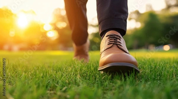 Fototapeta A man is walking on a grassy field with the sun shining on his face