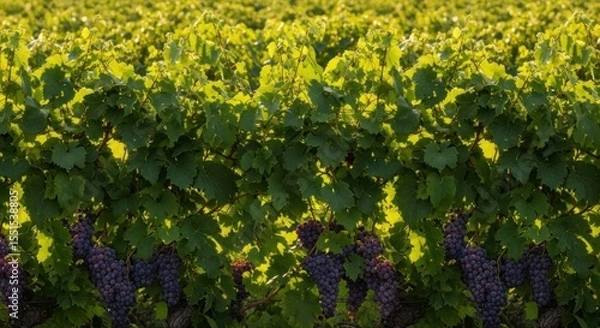 Fototapeta Lush Vineyard Rows with Grapes Under Bright Sunlight in Autumn