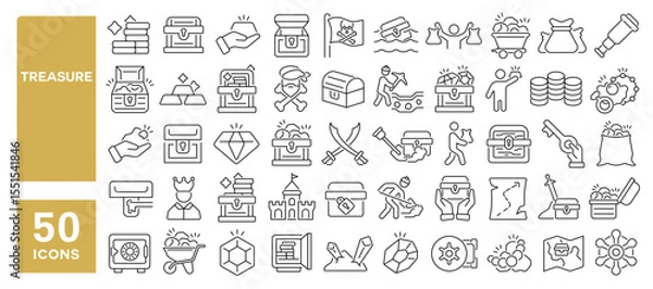 Fototapeta Set of 50 line icons related to treasure, chest, money, gold, crate, jewelry, treasure hunting, Editable stroke. Vector illustration