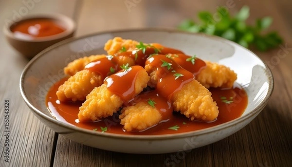 Fototapeta chicken strips with sauce on top 
