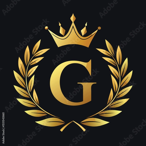 Fototapeta Elegant golden letter G logo with crown and laurel design for luxury branding and royalty
