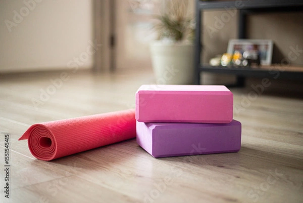 Fototapeta Colorful yoga blocks and mat arranged in a cozy indoor space perfect for practice