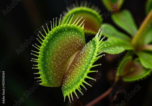 Fototapeta An elegant carnivorous plant with venus flytrap-like features, beautifully designed with gradient petals from deep emerald to bright lime green, gracefully catching mosquitoes in its artistic trap