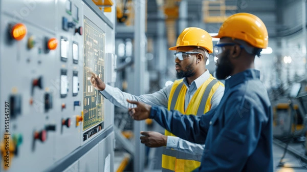 Fototapeta Two men in safety gear are pointing at a control panel