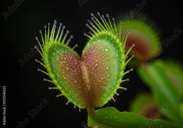 Fototapeta An elegant carnivorous plant with venus flytrap-like features, beautifully designed with gradient petals from deep emerald to bright lime green, gracefully catching mosquitoes in its artistic trap