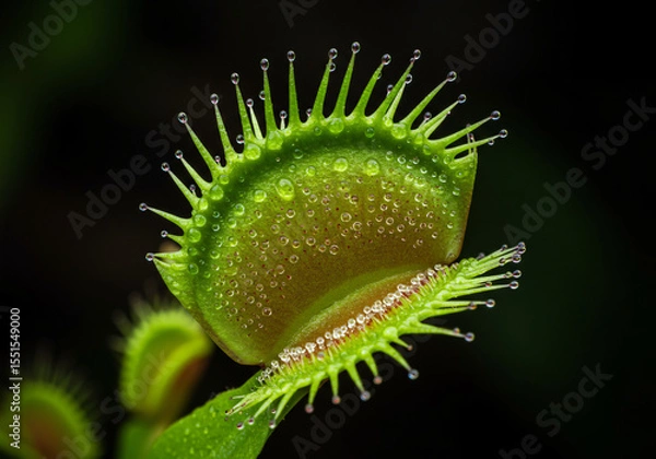 Fototapeta An elegant carnivorous plant with venus flytrap-like features, beautifully designed with gradient petals from deep emerald to bright lime green, gracefully catching mosquitoes in its artistic trap