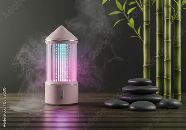 Fototapeta A sleek, minimalist mosquito zapper designed as a piece of modern art, geometric crystal structure with soft LED glow in pastel colors, floating in a zen garden with bamboo and smooth stones, surround