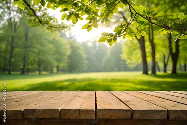 Fototapeta Sunlight on Table in Park, Rustic Wood Deck with Trees, Outdoor Table with Leaves, Wood Platform in Nature