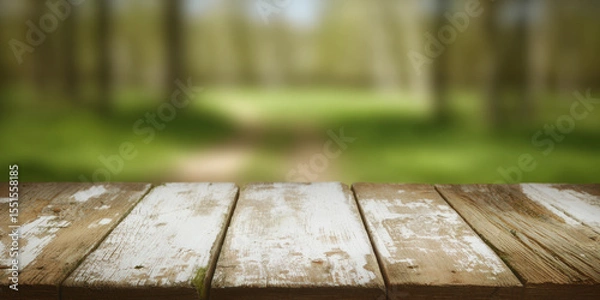 Fototapeta An empty wooden table with wither white paint in the foreground, a blurred green forest background, and a spring-time bokeh effect.