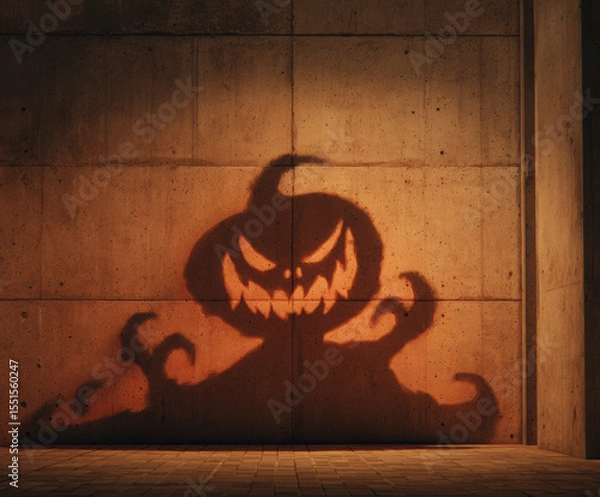 Fototapeta 3D render of a scary pumpkin monster shadow on a concrete wall, a Halloween concept, close-up.
