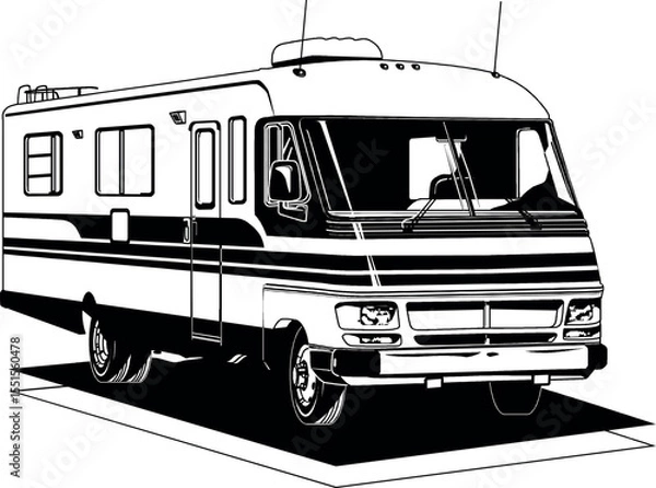 Fototapeta detailed black and white drawing of a motorhome (RV). It is depicted from a slight front-side angle, allowing visibility of both the front end with the windshield and headlights, and the side