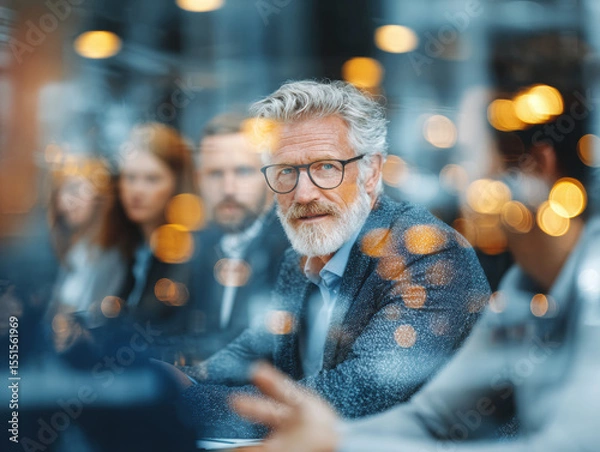 Fototapeta senior man in a business suit with grey hair and glasses, sitting at the head of an office meeting table surrounded by his team. Bokeh effect. 