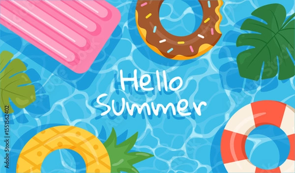 Fototapeta Colorful summer pool water background with floaties and Hello Summer text. Vector illustration for banners, cards, posters.