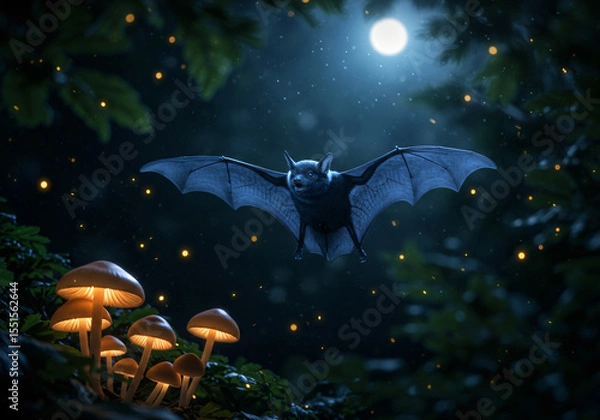 Fototapeta A beautiful bat with velvet-like fur in midnight blue, gracefully flying through a moonlit forest canopy, catching mosquitoes in an elegant dance, surrounded by glowing mushrooms and soft moonbeams