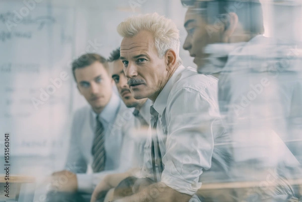 Fototapeta A middle-aged man with white hair and a mustache, wearing a shirt and tie, is sitting at a table and hosting an open office meeting surrounded by his team members.