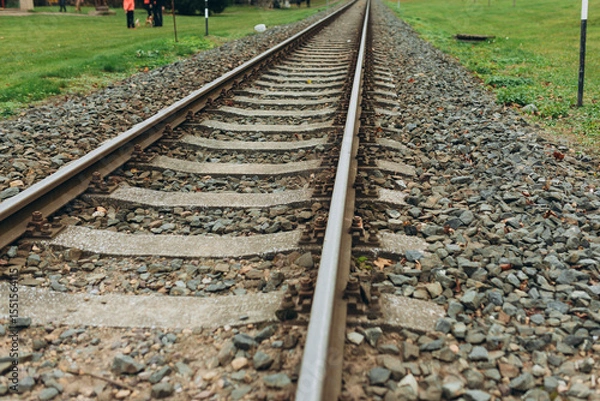 Obraz Single, diagonal railroad track through countryside landscape with a grass field. Empty railway track. Travel, adventure concept