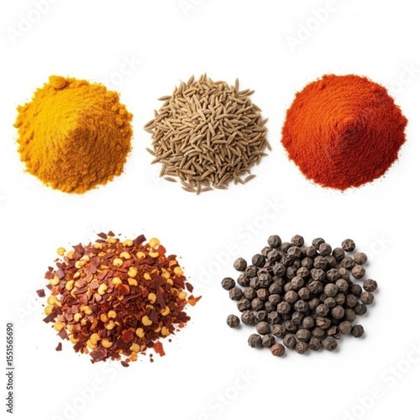 Fototapeta A vibrant assortment of spices in various colors, featuring turmeric, cumin, paprika, red chili flakes, and black pepper.