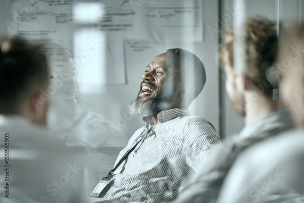 Fototapeta A black man in his late thirties with short hair and beard, laughing while leading an office meeting around whiteboard with blurred figures of male team members looking at the board. 