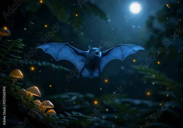 Fototapeta A beautiful bat with velvet-like fur in midnight blue, gracefully flying through a moonlit forest canopy, catching mosquitoes in an elegant dance, surrounded by glowing mushrooms and soft moonbeams