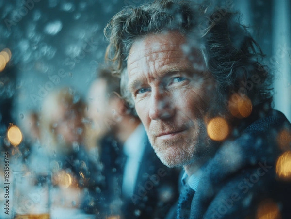 Fototapeta Portrait of an elegant man in his fifties with curly hair and blue eyes, wearing a suit and sitting at a table during a meeting against a blurred background. 