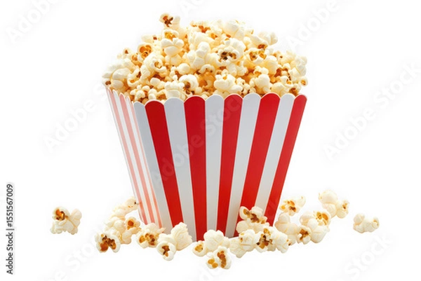 Obraz Delicious popcorn in striped container, movie snack, theater treat, food photography, cinema, isolated on transparent background