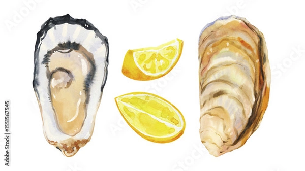 Fototapeta Set of watercolor hand painted delicious seafood oysters, mussels and lemon slices simple sketch illustration on white background. DIY elements for French cuisine menu, social media, ads and posters