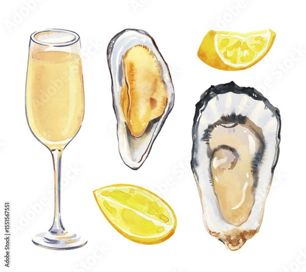 Fototapeta Set of watercolor hand painted delicious seafood oysters, mussels and lemon slices simple sketch illustration on white background. DIY elements for French cuisine menu, social media, ads and posters