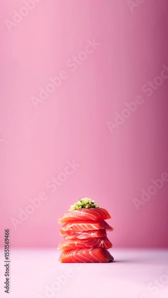 Obraz A vibrant pink background highlights a beautifully arranged stack of raw salmon fillets. Ideal for a vertical social media story or reel about healthy fish and omega-rich seafood