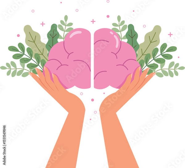 Obraz hands holding a brain with mental health of positive thinking, Good health care vector illustration. Concept of mental health. 