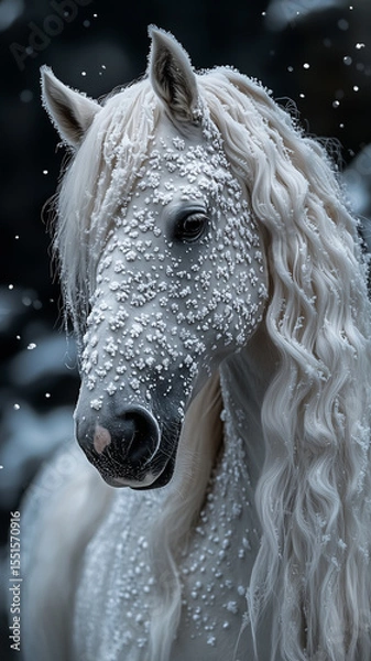 Fototapeta Majestic white horse with long braids, dusted in snow. Evokes magic, serenity, and the Chinese Year of the Horse.