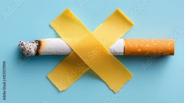 Obraz lit cigarette is taped with yellow strips forming shape on blue background