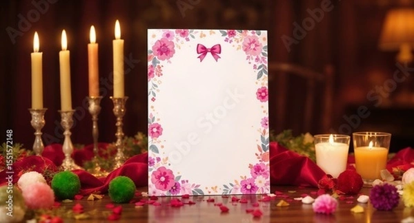 Fototapeta A blank greeting card with a floral border and a bow, surrounded by candles and decorative elements on a wooden table.