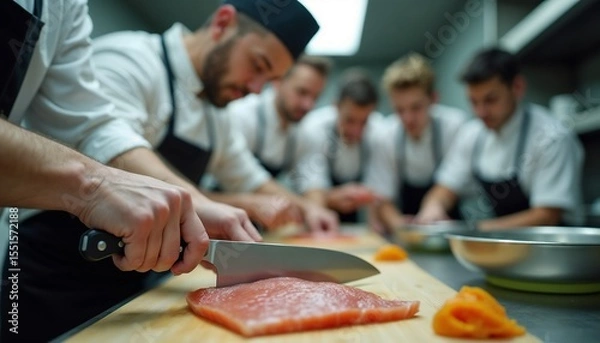 Fototapeta A group of male chefs in white uniforms preparing food in a professional kitchen. One chef is slicing salmon on a wooden cutting board.