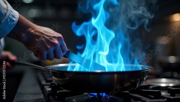Fototapeta A chef's hand holds a knife over a pan with blue flames. The scene captures the intensity of cooking with fire in a modern kitchen.
