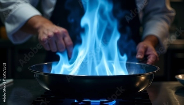 Fototapeta A chef's hand ignites blue flames in a frying pan. The scene captures the intensity of cooking with fire in a professional kitchen setting.