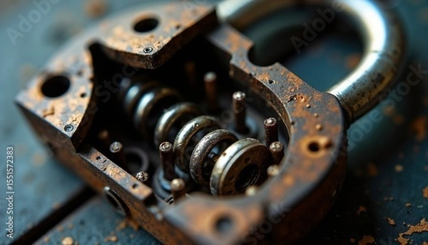 Fototapeta Close-up of an old, rusty padlock with visible internal mechanisms and a worn surface. The lock shows signs of age and corrosion.