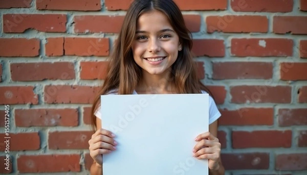 Fototapeta Smiling young girl with long brown hair holds a blank white sheet of paper in front of a brick wall. She appears cheerful and confident.