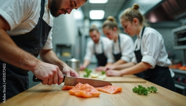 Fototapeta Four chefs preparing food in a modern kitchen. A man with a beard cuts salmon on a wooden board. Two women and another man chop vegetables in the background.
