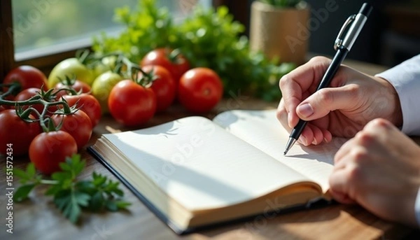 Fototapeta A person writes in a notebook with a pen. Fresh red tomatoes and green herbs are placed on a wooden table. Natural light illuminates the scene.