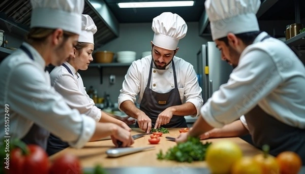 Fototapeta A group of four chefs in a kitchen preparing food. They are focused on chopping vegetables on a wooden table. The chefs wear white uniforms and hats.