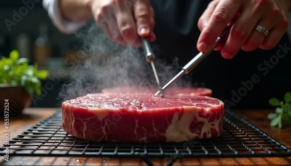 Fototapeta Close-up of hands slicing a raw ribeye steak on a wire rack. Steam rises from the meat, indicating freshness. Green herbs are visible in the background.