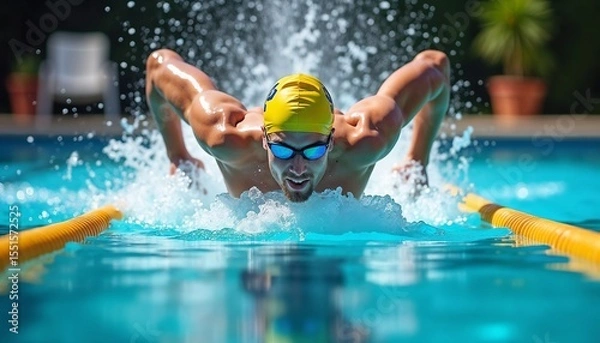 Fototapeta A young Caucasian man with short brown hair swims in a pool, performing the butterfly stroke. Water splashes around him as he focuses on his technique.