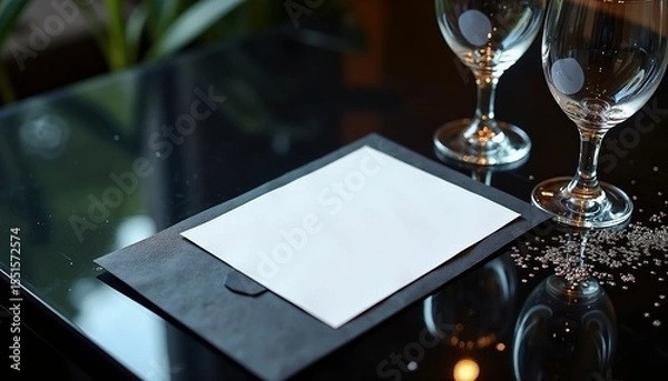 Fototapeta A blank menu card on a black table with two elegant wine glasses. The setting is suitable for a fine dining experience.